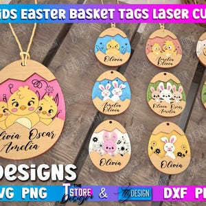 Puede incluir: Diez diseños para etiquetas de cesta de Pascua cortadas con láser. Cada etiqueta tiene forma de huevo y presenta un diseño diferente con temática de Pascua, incluyendo pollitos, conejos y flores. Las etiquetas están personalizadas con nombres como Olivia, Amelia y Oscar.