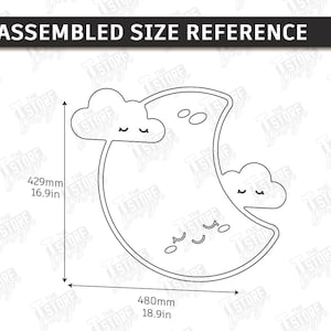 May include: A black and white line drawing of a crescent moon and two clouds with closed eyes. The moon measures 18.9 inches wide and 16.9 inches tall. The text "ASSEMBLED SIZE REFERENCE" is at the top.