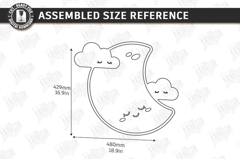 May include: A black and white line drawing of a crescent moon and two clouds with closed eyes. The moon measures 18.9 inches wide and 16.9 inches tall. The text "ASSEMBLED SIZE REFERENCE" is at the top.