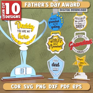 Puede incluir: Diez diseños de descarga digital para premios del Día del Padre. Los diseños incluyen trofeos, medallas y placas con diferentes lemas como "El mejor abuelo del mundo", "Oficialmente el mejor papá del mundo" y "El mejor papá de todos los tiempos".