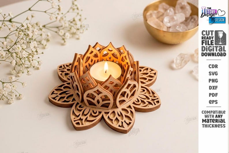 May include: A laser-cut wooden lotus flower candle holder with intricate petal cutouts, holding a single lit tea light candle. The design features layered wooden components and is presented as a digital download file for cutting machines.