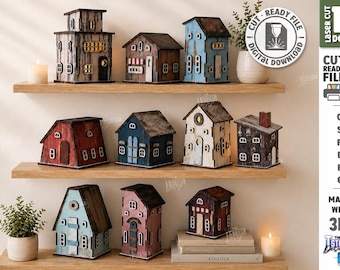 Holzhaus Laterne SVG - Mini Cottage Nachtlicht Laser geschnitten - Bauernhaus Regal Dekor - Dorfhaus svg