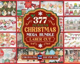 May include: A collection of Christmas-themed laser-cut designs, including ornaments, gift tags, and decorative items. The image features a central graphic that reads "377 Designs Christmas Mega Bundle Laser Cut". Various colors and shapes are displayed.