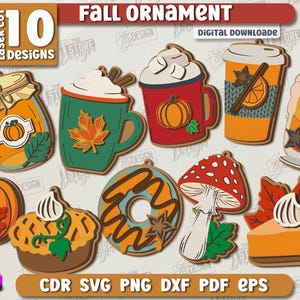Puede incluir: Una colección de 10 diseños de adornos de otoño cortados con láser. Los adornos incluyen una calabaza, un tarro de miel, tazas de café, una rosquilla, una seta y un trozo de tarta. El texto "Fall Ornament" y "Digital Download" son visibles.