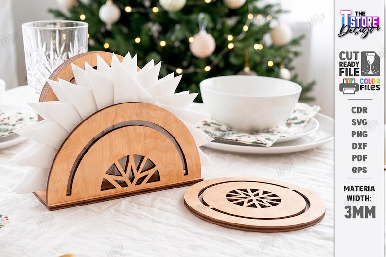May include: A light-colored wooden napkin holder with a semi-circular design and a matching circular coaster, both featuring a geometric star-like cutout pattern. The material width is 3mm. The set is displayed on a white tablecloth with white napkins.