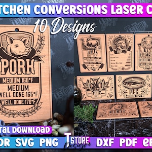 Può includere: Dieci cartelli in legno tagliati al laser con diverse temperature di cottura per carne e pesce. I cartelli sono marroni con testo nero e illustrazioni. I cartelli includono maiale, vitello, agnello, manzo, coniglio, pesce, tacchino, pollo e anatra.