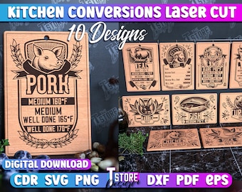 Decorative Kitchen Conversions Laser Cut | Kitchen SVG Design | Laser Cut Files | Cutting boards laser cut |  Meat Cooking Temperatures