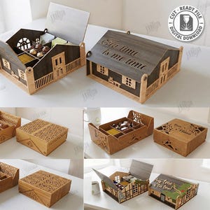 Può includere: Scatole di legno a forma di casa con intricati disegni tagliati al laser. Alcune scatole sono aperte, rivelando scomparti. Una scatola presenta il testo "Tea time is me time". L'immagine mostra anche formati di file.