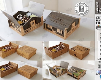 Teeaufbewahrung, Schokoladenbox, Andenken Verpackung Laser geschnittenes Bundle, Haus Aufbewahrungsbox svg, dekorative Holzgeschenkboxen svg, Hochzeit, Geburtstag