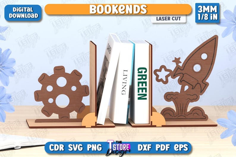 Rocket Bookends Bookends Laser Cut Bundle, 3D Wooden Book Stopper, Wooden Book Holder ...