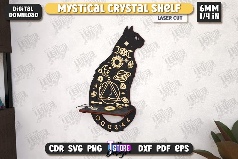 May include: Black cat-shaped shelf with celestial and geometric designs, including moons, suns, and planets. The shelf is 6mm (1/4 in) thick and laser cut. The text "Mystical Crystal Shelf" is at the top.