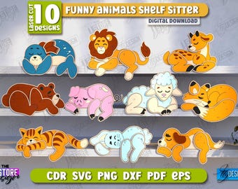Funny animals shelf sitters laser cut bundle, nursery decor, 3d cute animals shelf sitters, decorative figurine, sleeping animals laser cut