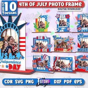 Puede incluir: Una colección de 10 diseños de marcos de fotos cortados con láser para el 4 de julio. Los marcos presentan temas patrióticos con estrellas, rayas y la Estatua de la Libertad. El texto incluye "USA", "Independence Day" y "Land of the Free".