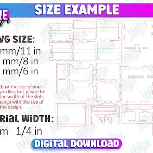 Op de afbeelding: Een digitale download voor een houtbewerkingsproject. De afbeelding toont een voorbeeld van de grootte van een houten doos met afmetingen van 27,9 cm bij 20,3 cm bij 15,2 cm. De materiaalbreedte is 6 mm of 1/4 inch. De tekst "SIZE EXAMPLE" staat bovenaan de afbeelding.