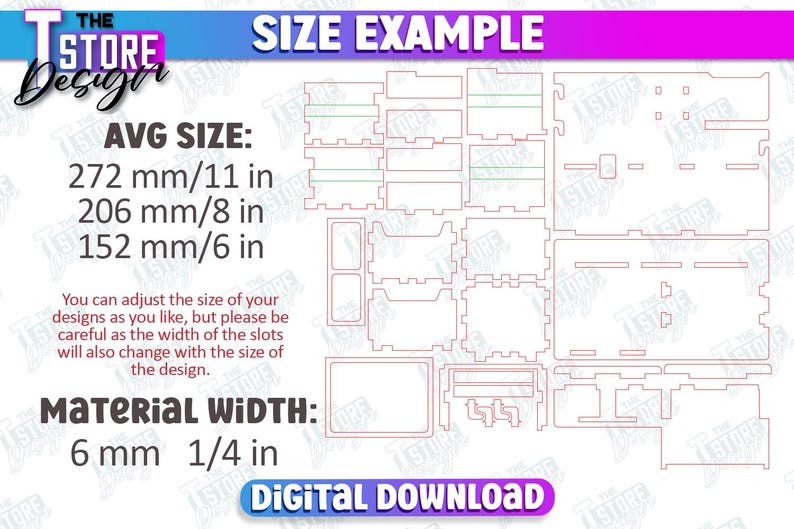 Op de afbeelding: Een digitale download voor een houtbewerkingsproject. De afbeelding toont een voorbeeld van de grootte van een houten doos met afmetingen van 27,9 cm bij 20,3 cm bij 15,2 cm. De materiaalbreedte is 6 mm of 1/4 inch. De tekst "SIZE EXAMPLE" staat bovenaan de afbeelding.