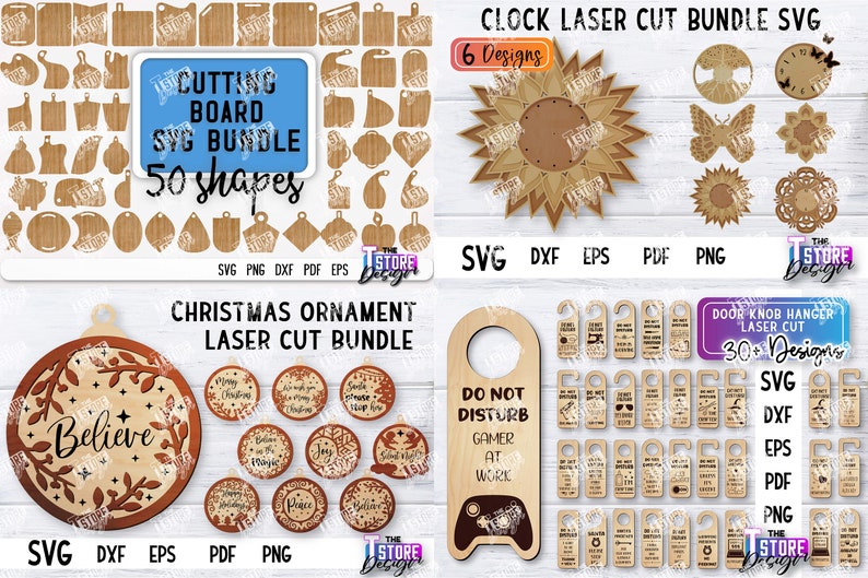 May include: A digital download bundle of 50 SVG cutting files for laser cutting projects. The bundle includes designs for cutting boards, Christmas ornaments, door knob hangers, and clocks. The designs are in a variety of styles, including floral, geometric, and whimsical.