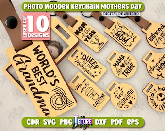 Mother's Day Photo Wooden Keychain Laser Cut Bundle, Family Double Layer Keychains, Custom Photo Frame Keyring SVG, Happy Mother's Day SVG