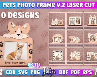 Kit de marcos de fotos para mascotas cortados con láser / Diseño SVG de marco de fotos para perros / Archivos para corte láser de gatos / Marco personalizado para mascotas / Archivos CNC