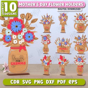 3D Mother&#39;s Day Flower Holders Laser Cut Bundle, 3D Flower Gift Boxes, Wood Flower Storage Basket, Gift for Mom, Flower Bouquet with Stand