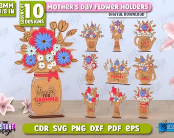 3D Mother's Day Flower Holders Laser Cut Bundle, 3D Flower Gift Boxes, Wood Flower Storage Basket, Gift for Mom, Flower Bouquet with Stand