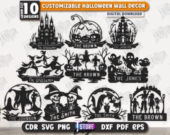 Customizable Halloween welcome signs lasercut bundle, door hanger svg, spooky front door sign, haunted house svg, Happy Halloween wall decor