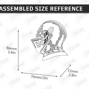 Puede incluir: Dibujo lineal en blanco y negro de un casco medieval, con dimensiones de 86 mm de alto, 76 mm de ancho y 72 mm de profundidad. El texto "ASSEMBLED SIZE REFERENCE" est&aacute; en la parte superior.
