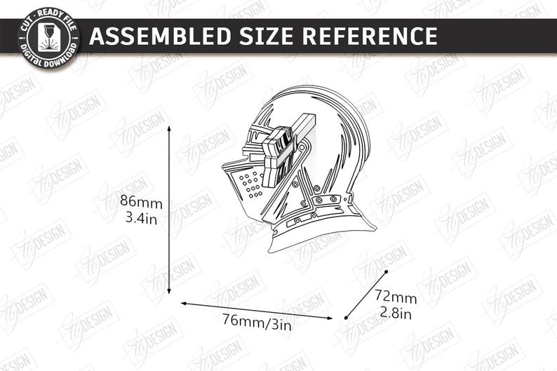 Puede incluir: Dibujo lineal en blanco y negro de un casco medieval, con dimensiones de 86 mm de alto, 76 mm de ancho y 72 mm de profundidad. El texto "ASSEMBLED SIZE REFERENCE" est&aacute; en la parte superior.