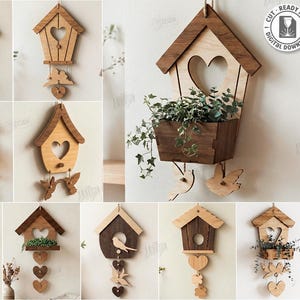 Può includere: Una collezione di casette per uccelli in legno in vari design, ognuna con un ritaglio a forma di cuore ed elementi decorativi come uccelli e cuori. Alcune casette per uccelli includono fioriere. L'immagine include anche il testo "CUT READY FILE DIGITAL DOWNLOAD".