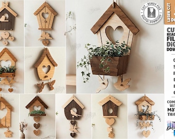 3d Spring house wall hanger laser cut bundle, rustic flower holder svg, spring home decor, wall decor laser cut files, hanging door sign