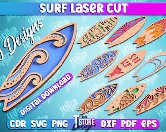 Surf 3D cortado con láser, SVG de verano, SVG con ambiente playero, letreros de tabla de surf 3D, letrero de verano en capas cortado con láser, SVG tropical, arte de pared de verano para colgar