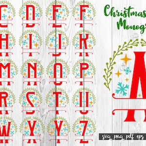May include: A set of 26 split monogram letters in a Christmas theme. Each letter is surrounded by a wreath of green leaves, snowflakes, and stars. The letters are red and the wreath is green, blue, and yellow. The text "Christmas Split Monogram" is at the top of the image.