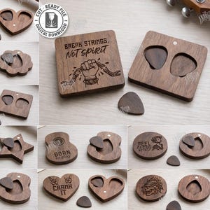 May include: A collection of laser-cut wooden guitar pick holders in various shapes, including hearts, stars, and circles. Each holder has a unique design and includes a guitar pick. Some holders have text like "Play from the heart" and "Break strings, not spirit."