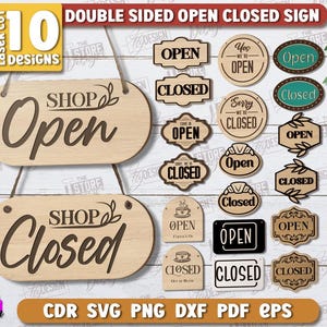 Op de afbeelding: Een verzameling lasergesneden houten winkelborden, waaronder ontwerpen voor "Open" en "Gesloten". De borden hebben verschillende vormen en stijlen, met de tekst "Shop Open" en "Shop Closed" op het hoofdbord. De tekst "Double Sided Open Closed Sign" is ook inbegrepen.