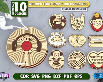 Wooden Earphone Cord Organizer Laser Cut Bundle, Gadget Accessories, Headphone & Earphone Organizer Wrap, Cable Holder, Charger Organizer