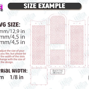 May include: A digital design example with a geometric pattern, featuring dimensions of 12.9 inches, 4.5 inches, and 4.5 inches. The material width is 1/8 inch. The image includes the text "SIZE EXAMPLE" and "ENJOY THE MOMENT".