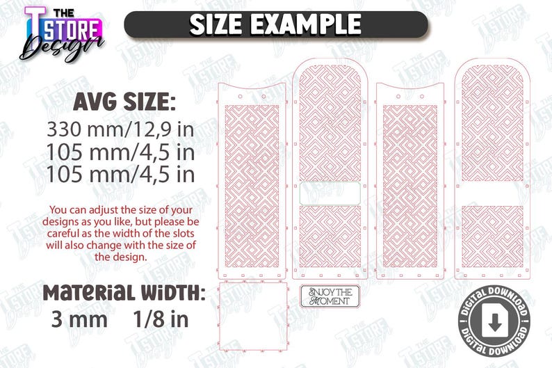 May include: A digital design example with a geometric pattern, featuring dimensions of 12.9 inches, 4.5 inches, and 4.5 inches. The material width is 1/8 inch. The image includes the text "SIZE EXAMPLE" and "ENJOY THE MOMENT".