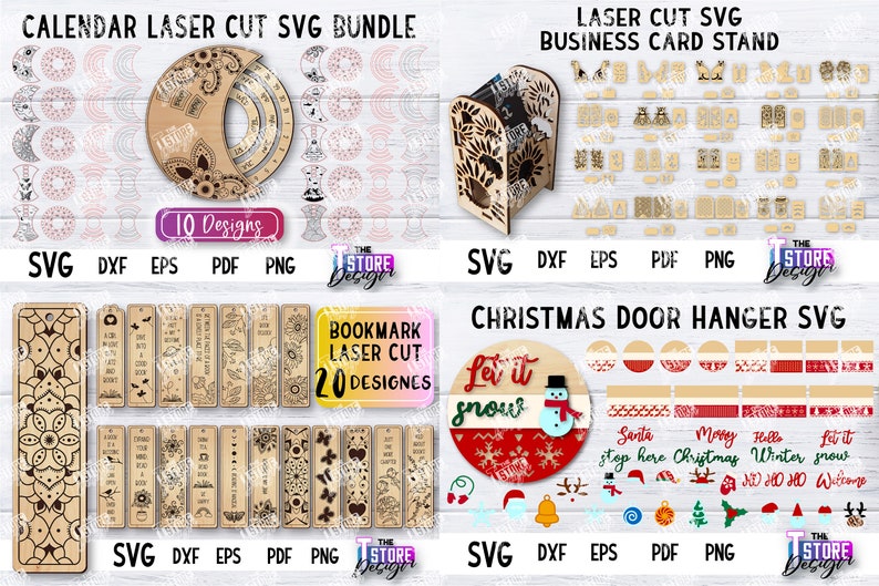 May include: A digital download of SVG files for laser cutting various designs, including a calendar, bookmark, business card stand, and Christmas door hanger. The designs feature intricate patterns and festive themes.