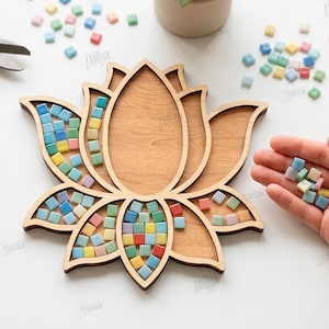 May include: A wooden lotus flower-shaped tray with mosaic tile accents. The tray is filled with small, colorful square tiles in shades of blue, yellow, green, and pink. The image also includes the text "CUT READY FILE DIGITAL DOWNLOAD".