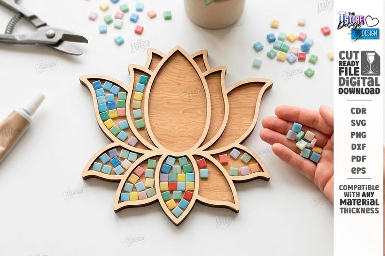 May include: A wooden lotus flower-shaped tray with mosaic tile accents. The tray is filled with small, colorful square tiles in shades of blue, yellow, green, and pink. The image also includes the text "CUT READY FILE DIGITAL DOWNLOAD".
