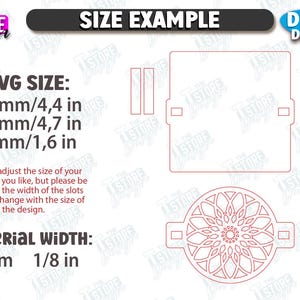 May include: A digital download design with size examples. The average sizes are 4.4 inches, 4.7 inches, and 1.6 inches. The material width is 1/8 inch. The design includes a floral pattern and rectangular shapes.