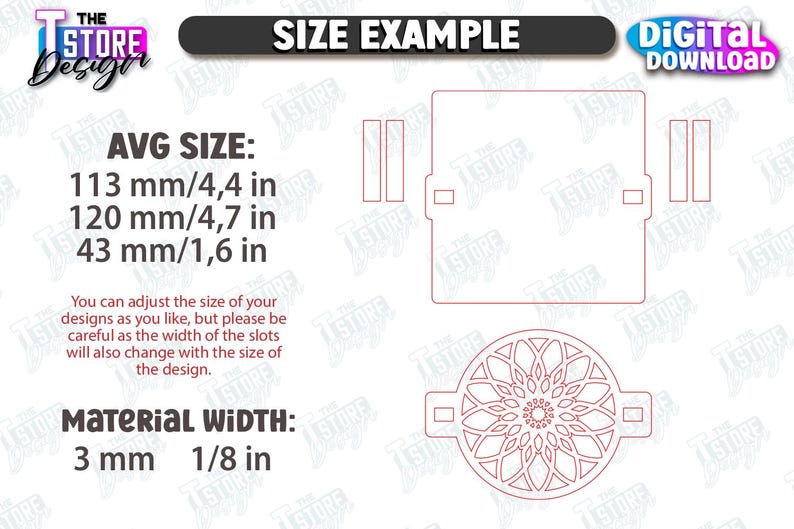 May include: A digital download design with size examples. The average sizes are 4.4 inches, 4.7 inches, and 1.6 inches. The material width is 1/8 inch. The design includes a floral pattern and rectangular shapes.