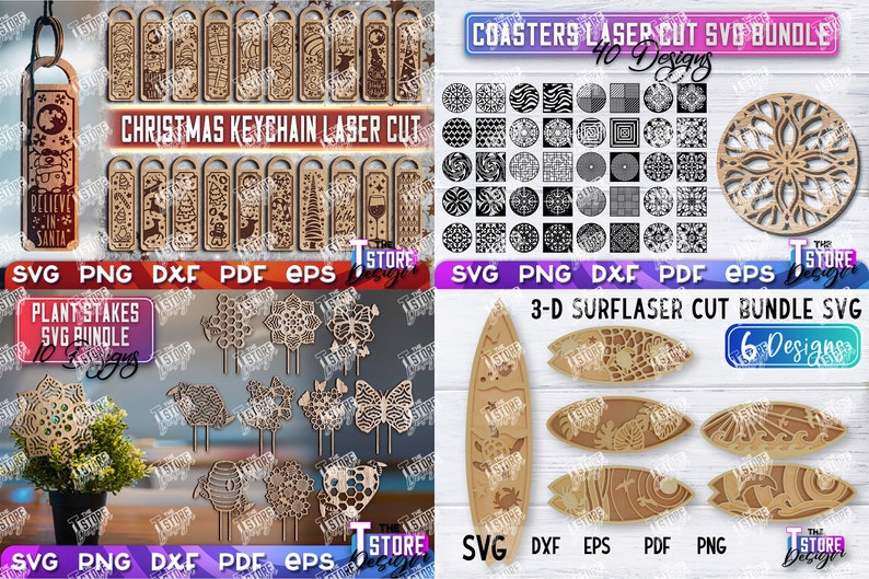 May include: A digital download bundle of SVG files for laser cutting various designs. The bundle includes Christmas keychain designs, plant stake designs, coasters, and 3D surfboards. The designs are intricate and detailed, perfect for crafting and home decor.