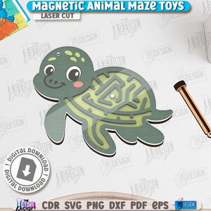 May include: A laser-cut wooden turtle-shaped maze toy with a magnetic wand. The turtle is green with a light green maze design. The text "MAGNETIC ANIMAL MAZE TOYS" is at the top. A digital download icon is also present.