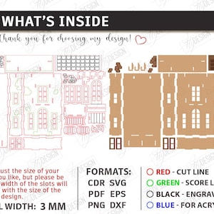 May include: A digital download file for laser cutting featuring a house model design. Includes cut lines in red, score lines in green, and engraving in black. Text includes WHAT'S INSIDE, thank you for choosing my design, and material width 3 mm.