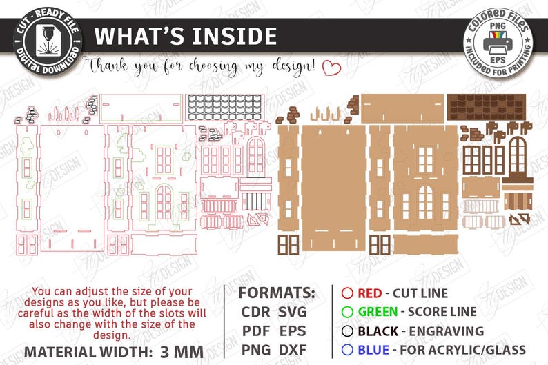 May include: A digital download file for laser cutting featuring a house model design. Includes cut lines in red, score lines in green, and engraving in black. Text includes WHAT'S INSIDE, thank you for choosing my design, and material width 3 mm.