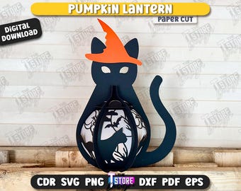 Black cat lantern paper cut svg, 3d pumpkin paper lamp, Halloween lantern paper cut svg, scary light box, spooky pumpkin shadowbox papercut