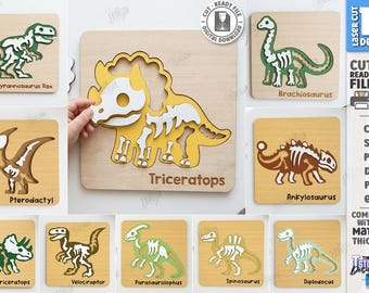3d Wooden kids dinosaur puzzles laser cut bundle, dino puzzle set, montessori puzzle svg, baby puzzle, children game svg, educational toy