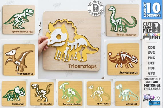3d Wooden kids dinosaur puzzles laser cut bundle, dino puzzle set, montessori puzzle svg, baby puzzle, children game svg, educational toy
