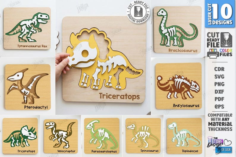 K&ouml;nnte beinhalten: Holz-Dinosaurier-Puzzles mit lasergeschnittenen Designs. Das Bild zeigt zehn verschiedene Dinosaurier-Designs, darunter ein Tyrannosaurus Rex, Triceratops und Brachiosaurus. Jedes Puzzle zeigt ein Dinosaurier-Skelett-Design mit Holzbasis.
