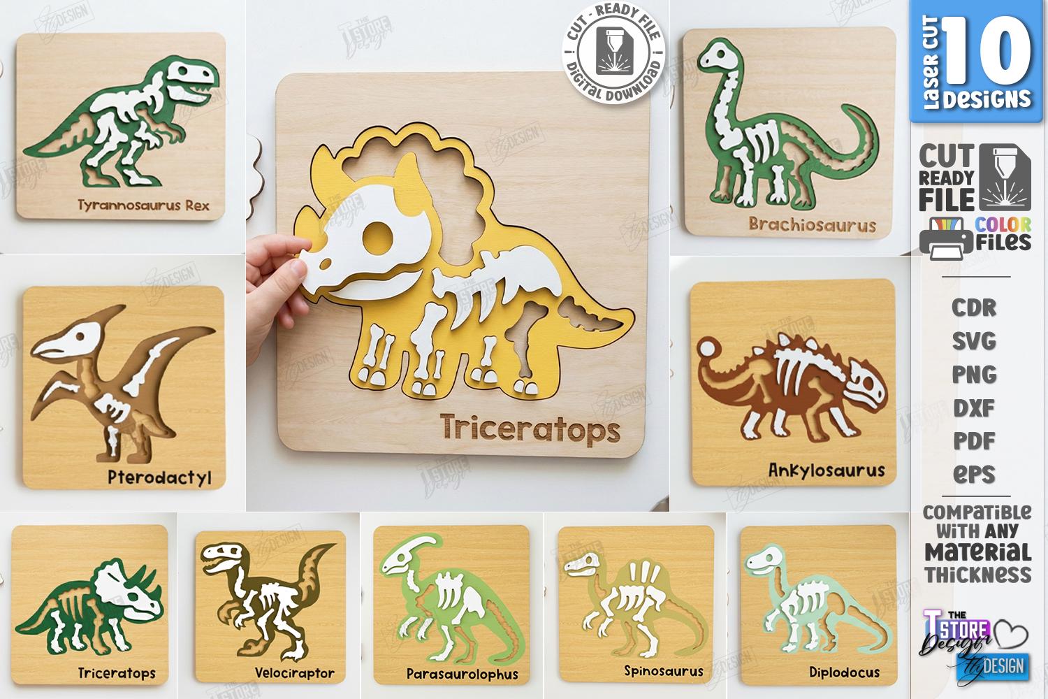 3d Wooden Kids Dinosaur Puzzles Laser Cut Bundle, Dino Puzzle Set